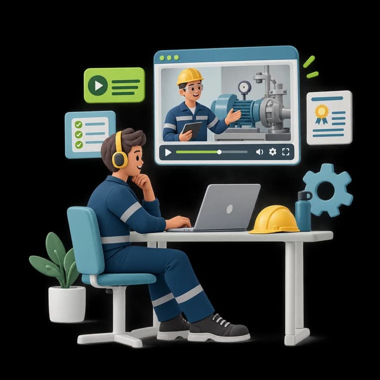 Profissional com uniforme e equipamentos de proteção acompanha uma videoaula sobre máquinas industriais.