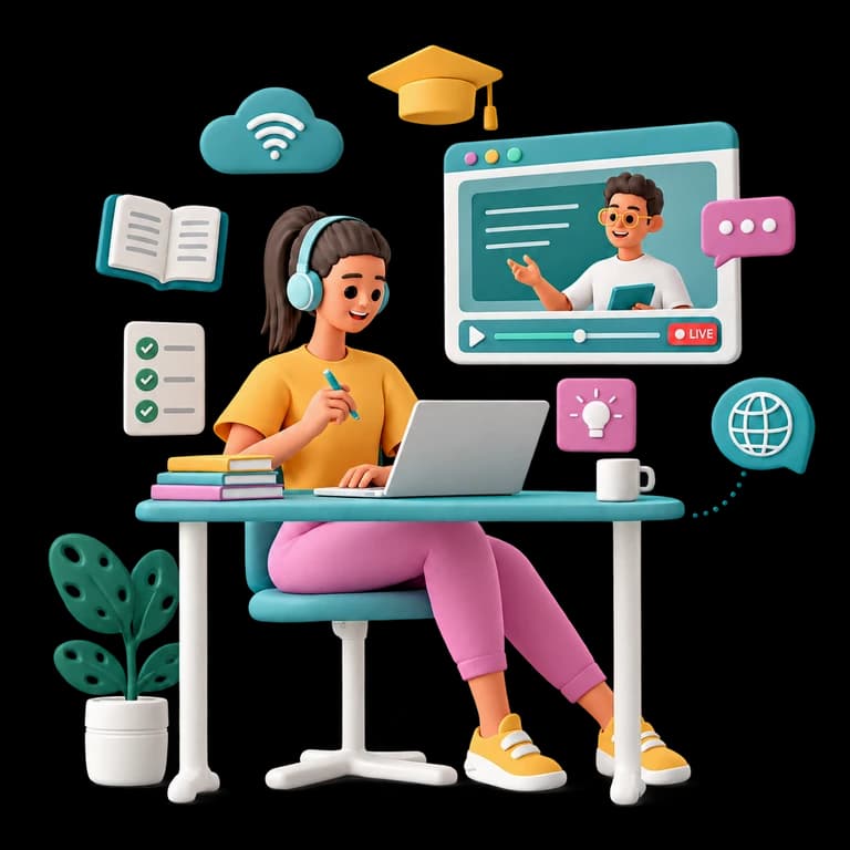 Colaboradora com fones de ouvido aprende em uma videoaula, com materiais e recursos de aprendizagem ao redor.