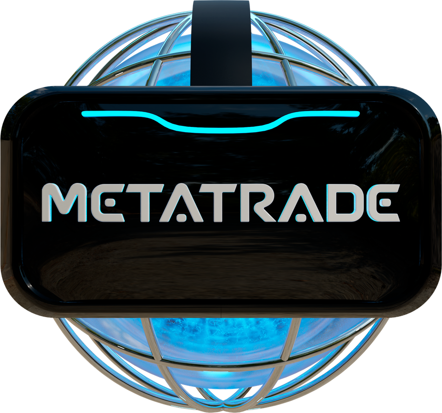 Logotipo do projeto MetaTrade: headset de realidade virtual sobre um globo