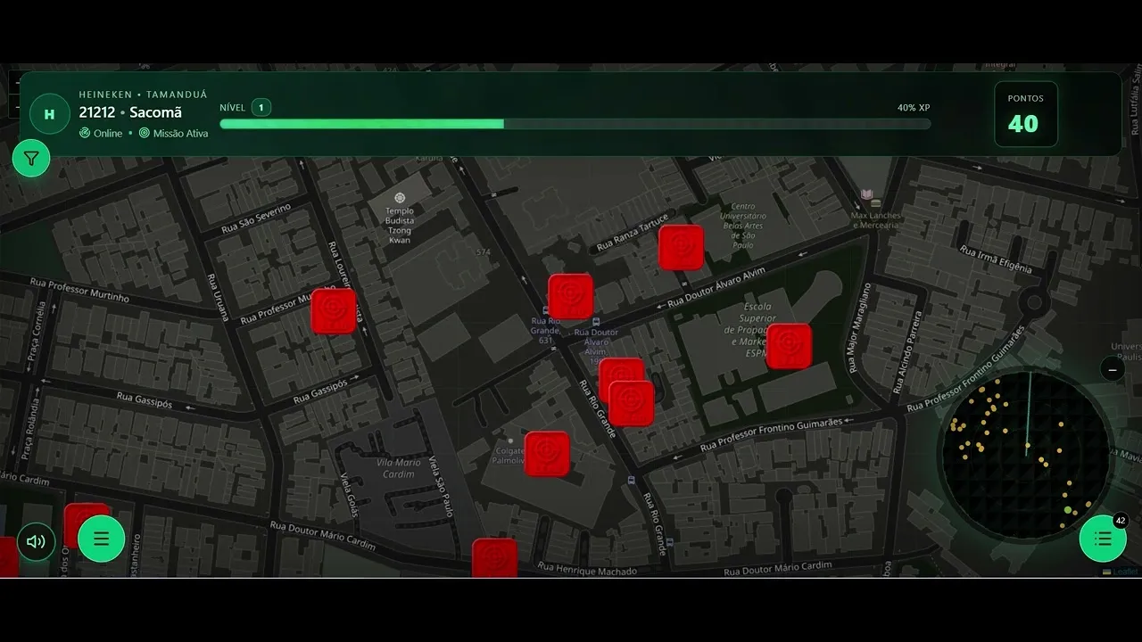 Tela do jogo ConquistaHNK com territórios, pontos de venda e indicadores